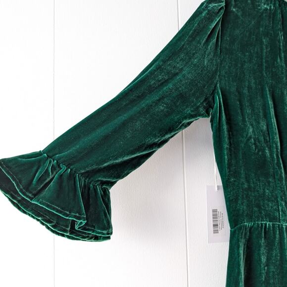 NWOT Reformation Mountain Emerald Green Velvet Mini Ruffle Holiday Dress, - Picture 7 of 14